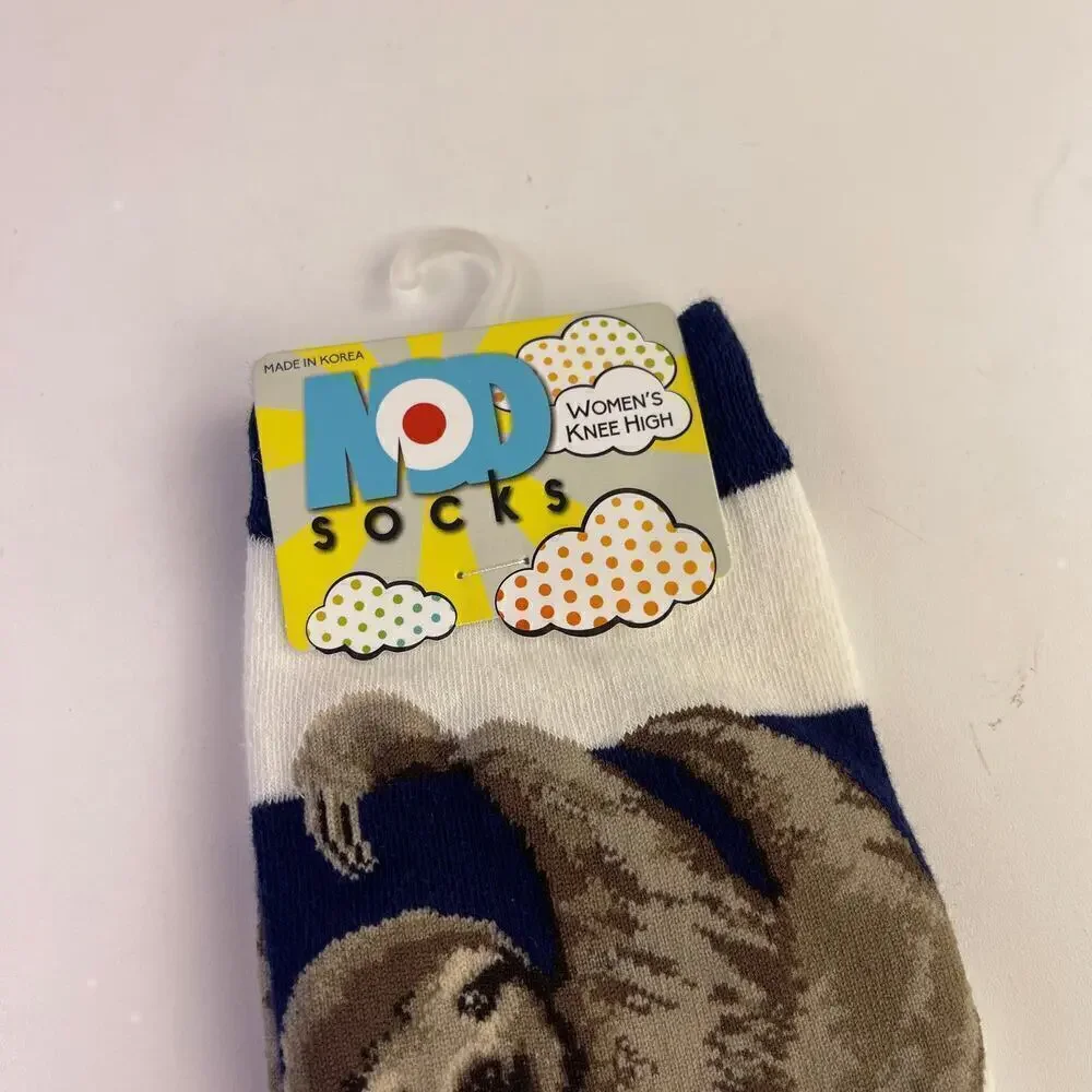 Mod Socks Women's Sloth Stripe Knee High Socks White Blue Size 9-11 Shoe 6-10